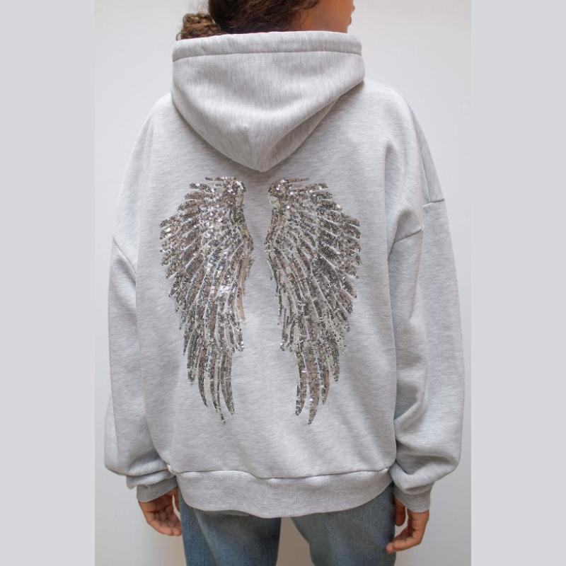 Женская повседневная толстовка с капюшоном и рукавами полной длины украшенная пайетками-крыльями женский топ женская свободная уличная одежда S серый 2630₽