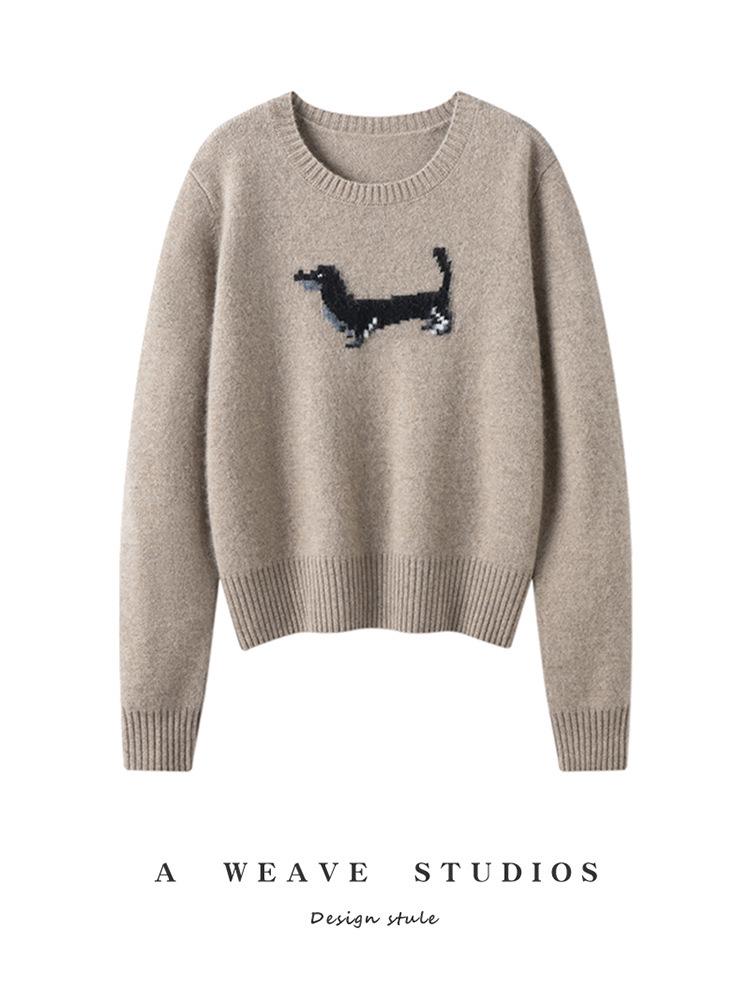 Women's Korean Style Black Dog Jacquard Cashmere Knit Sweater - Slimming, Warm, and Loose Fit for Autumn/Winter