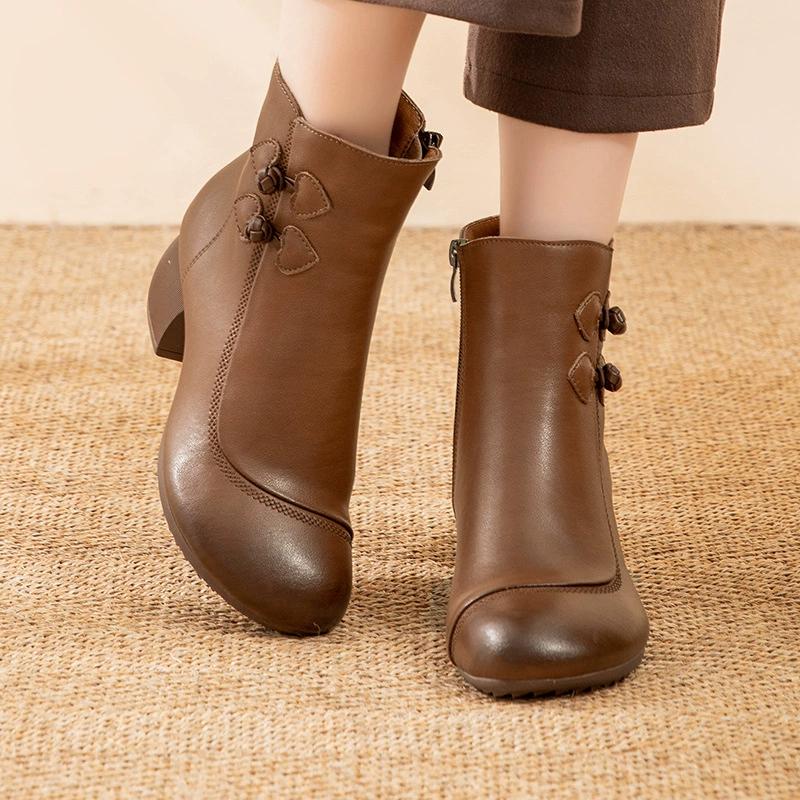 Genuine leather Spring and Autumn 2026 new mid heeled short boots retro round toe warm and comfortable women's shoes
