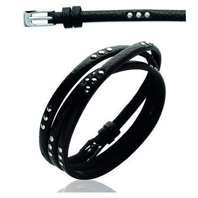 [I8061] - Armband Stahl Leder 'Peaceful' schwarz silberfarben - 5 mm