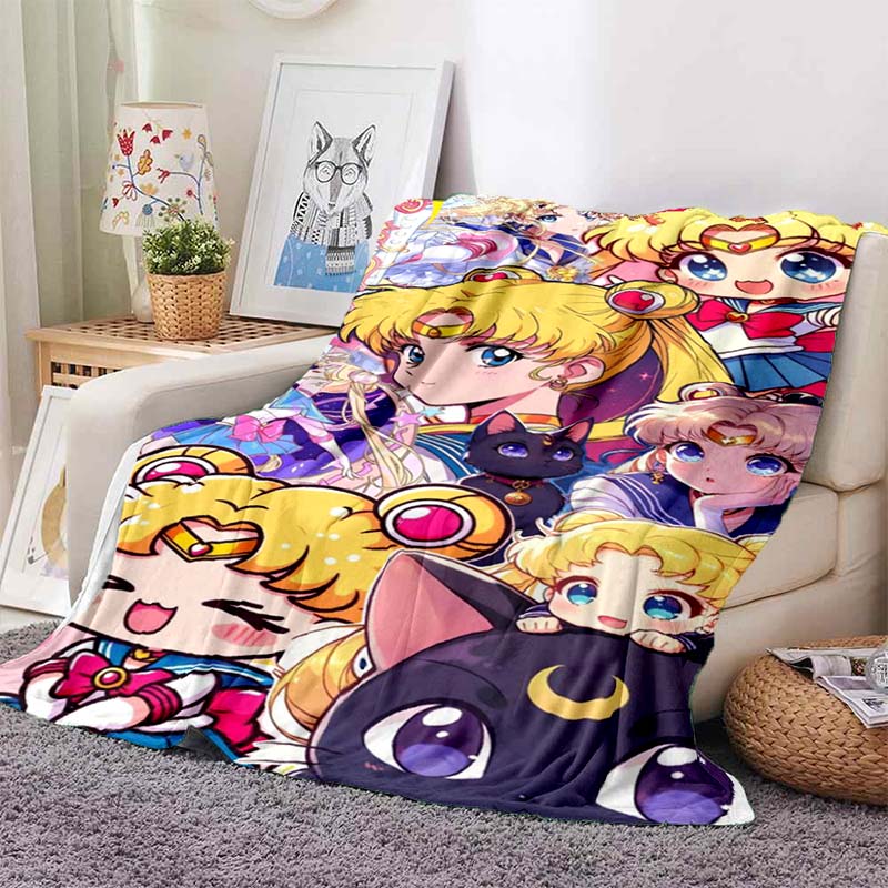 HD S-Sailor M-Moon Flannel Throw Blanket 3D Cartoon Print Soft Warm Lightweight Sofa Bed Cover Girls Bedroom Travel Decor Gift