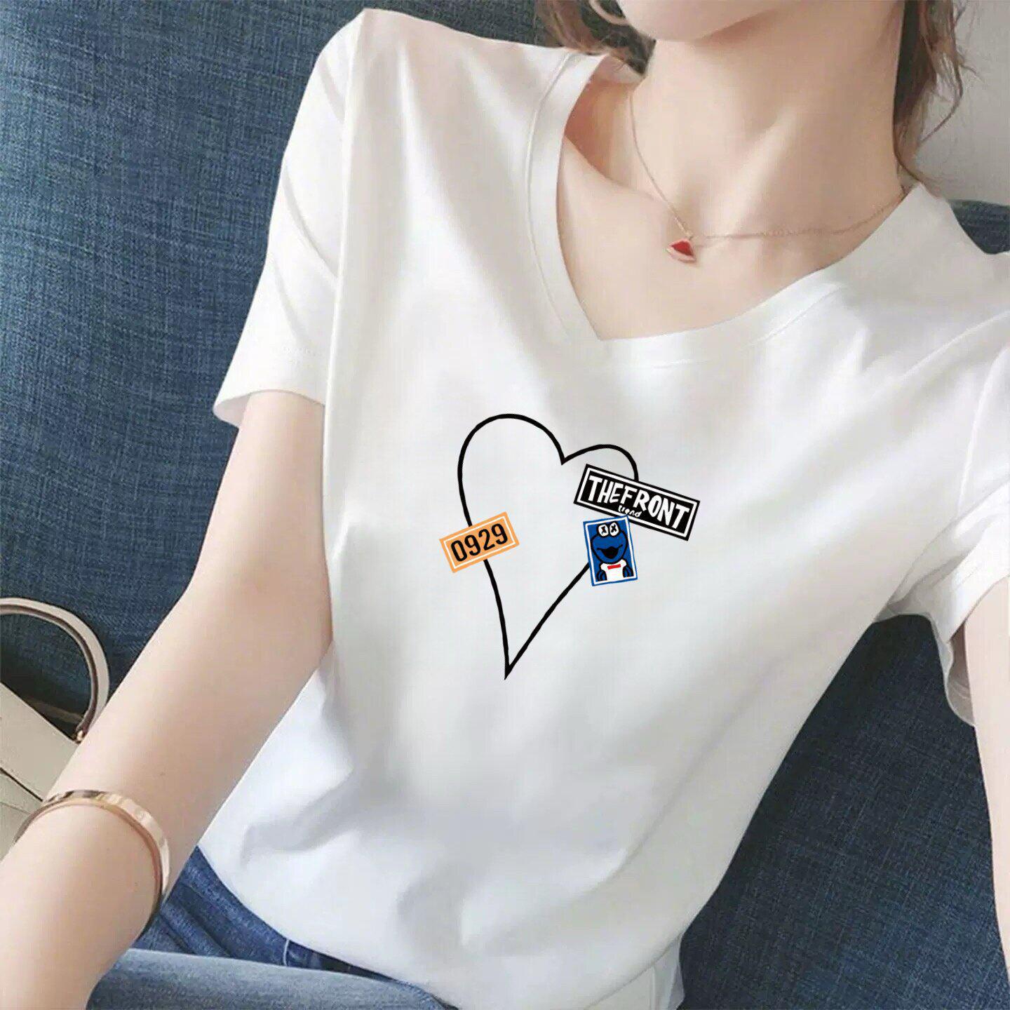 

Women s Trendy White V-Neck Letter Print T-Shirt: Summer Casual, Short-Sleeve, Loose Fit 2XL