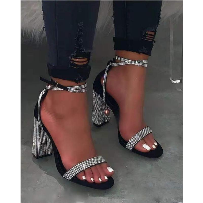 Fashion 2025 New Shiny Gold Rhinestones Chunky Heels Sandals Women Sexy Cross Ankle Strap Silver High Heels Summer Shoes Ladies Pumps