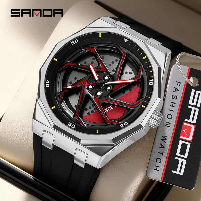SANDA Men's Waterproof Luminous Polygonal Quartz Watch with 3D Rotating Dial and Silicone Band