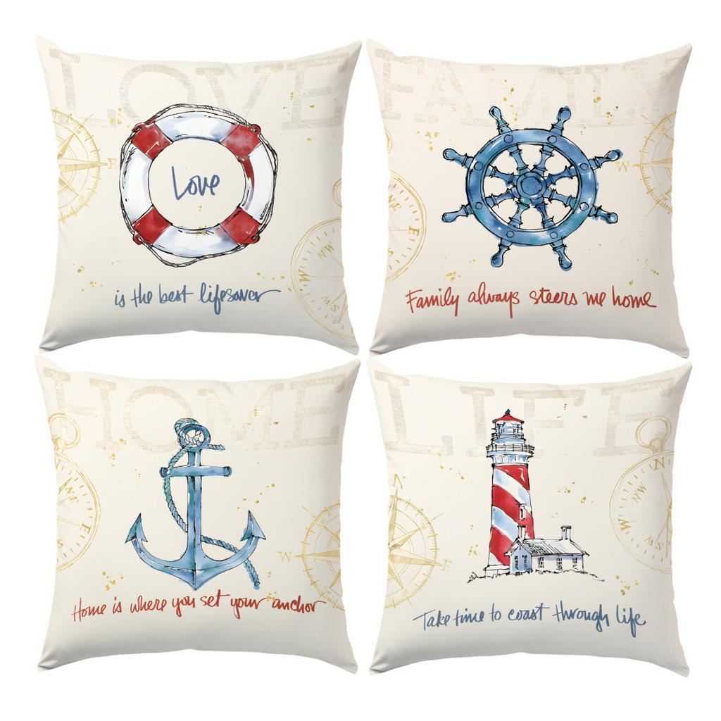 1/4pcs Nautical Coastal Throw Pillow Covers Navy Blue Anchor Lighthouse Lifebuoy Steering Wheel Decorative Cushion Cases