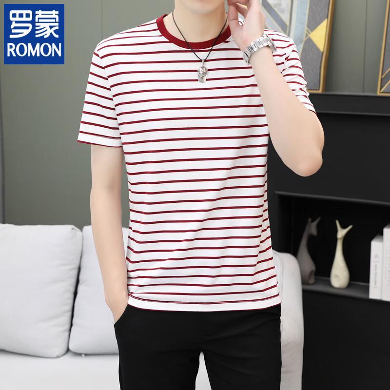 Romon Men s Striped Mercerized Cotton Round Neck T-shirt XL