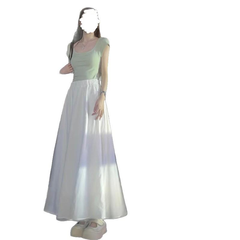 White skirt long women's new small white skirt half skirt drape a word pleated long skirt summer
