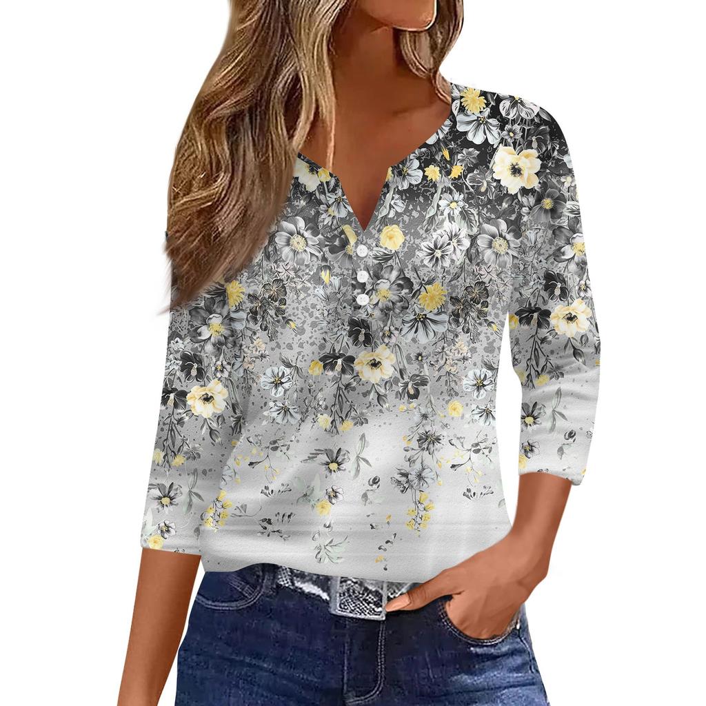 Ladies Casual Fashion V-neck Loose Versatile Floral Print Three-quarter Sleeve Top