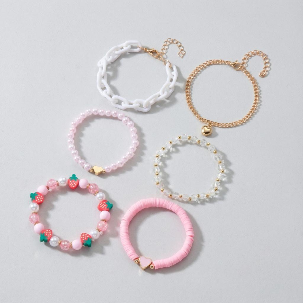 Cute Y2K Strawberry Heart Multilayer Bracelet for Women Girl Pink Polymer Clay Heshi Beads Crystal Chains Set Party Jewelry Gift