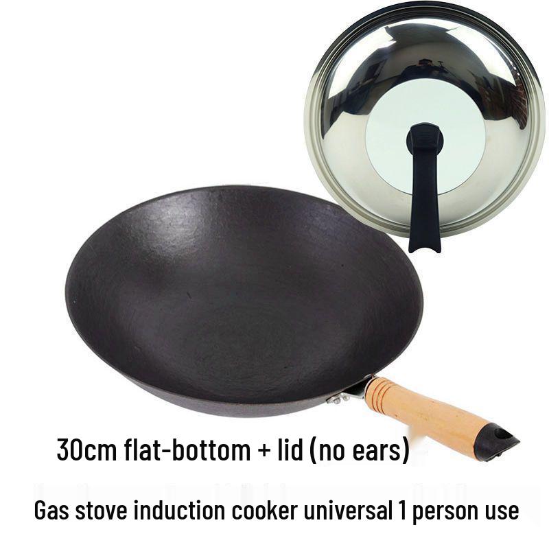 Vintage Uncoated Cast Iron Flat-Bottom Non-Stick Wok, Compatible with Induction & Gas Stoves, Ideal for Rural Household Stir-Fry.