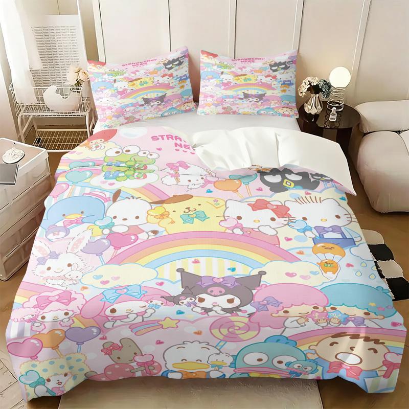 Sanrio Friends Pastel Rainbow Bedding Set Kawaii All-Over Print Duvet Cover Set With Pillowcases Girls Bedroom Anime Bed Linen
