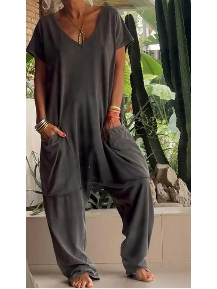 

2026 Spring/Summer Women s Solid Color Low Crotch Jumpsuit with Large Pockets - Elegant, Europe/America Style 4XL серый/чёрный