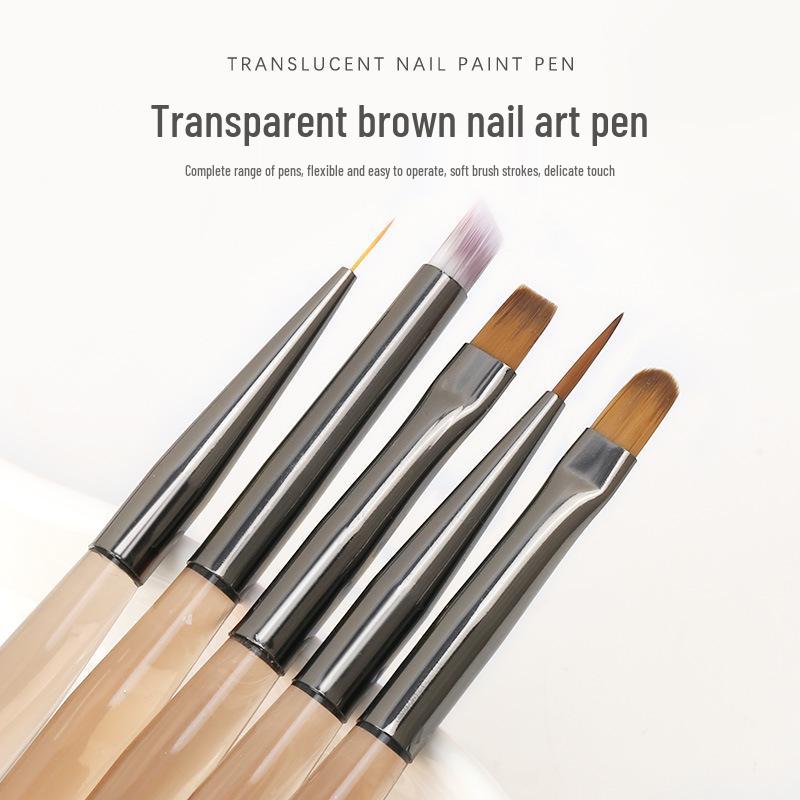 Translucent Brown Nail Art Brush Set: Flower and Gel Painting Brushes with Flat and Round Heads