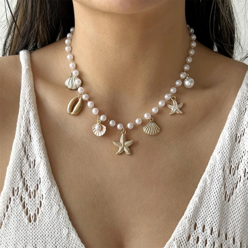 Boho Starfish Shell Conch Seahorse Lobster Pendant Necklace For Women Men Irregular Imitation Pearl Ocean Beach Choker Jewelry