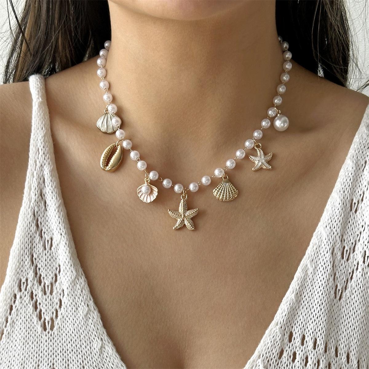 

Boho Starfish Shell Conch Seahorse Lobster Pendant Necklace For Women Men Irregular Imitation Pearl Ocean Beach Choker Jewelry