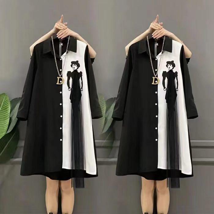 

Весеннее корейское сетчатое тонкое индивидуальное платье-рубашка, большие женские платья XXL чёрный