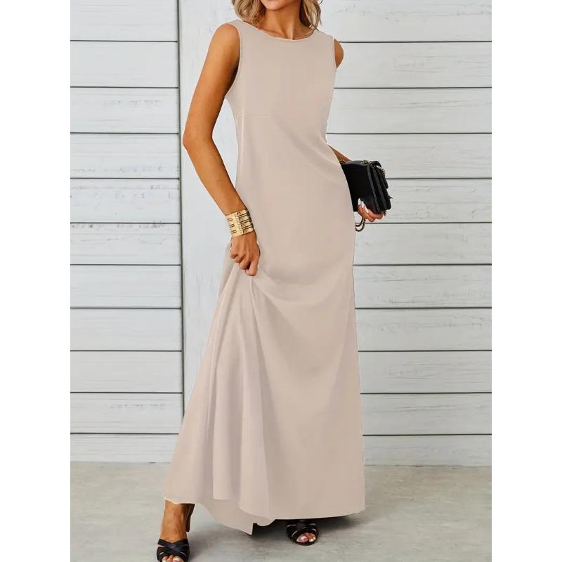 

Весенние и летние элегантные и однотонные платья с круглым вырезом и короткими рукавами в курортном стиле для женщин XXL слоновая кость