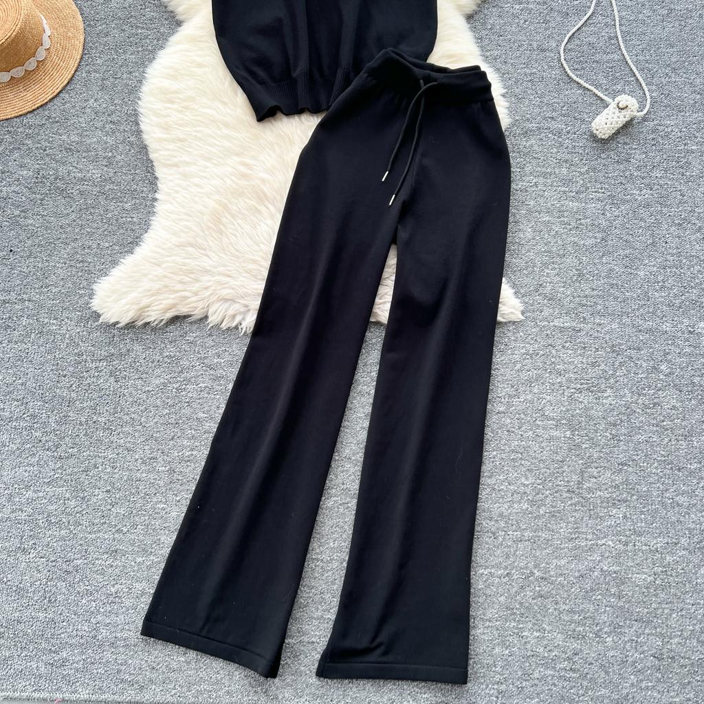 Sommer Damen Strickpullover Hose Zweiteiliges Bekleidungsset Kurzarm Rundhals Gestreifter Pullover Tops und Weitbeinige Hosenanzug