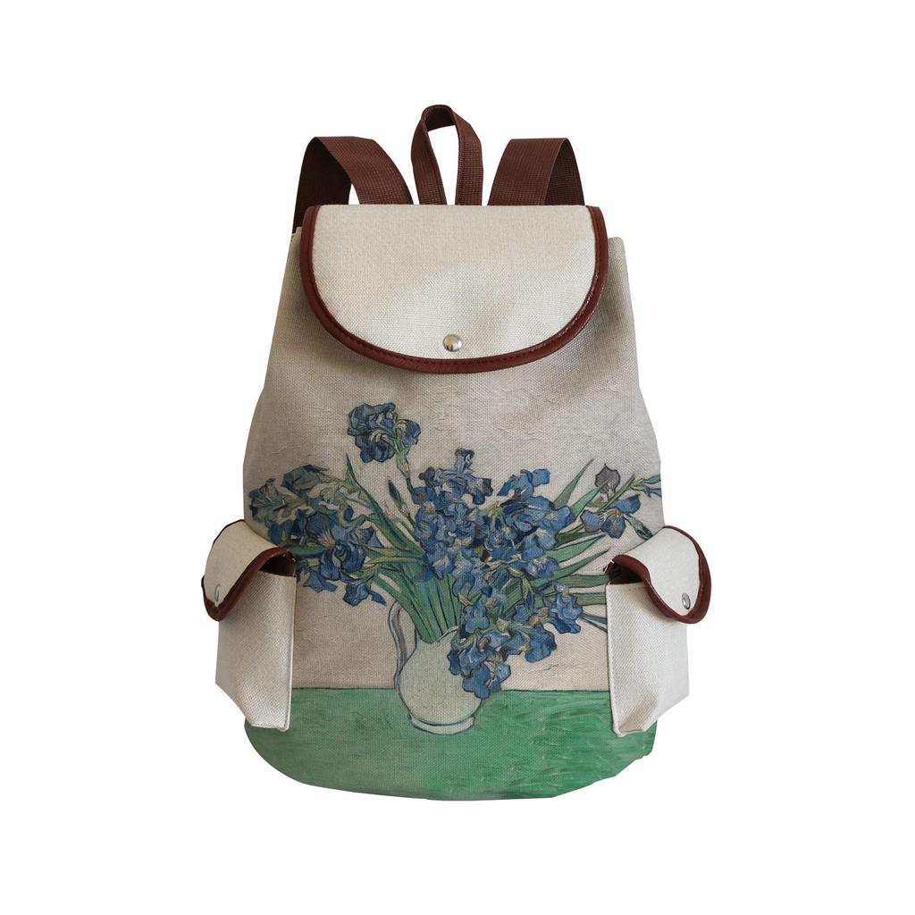 Wind Creative Van Gogh Oil Painting Print Backpack, Large-Capacity Student Schoolbag, Portable Travel Backpack