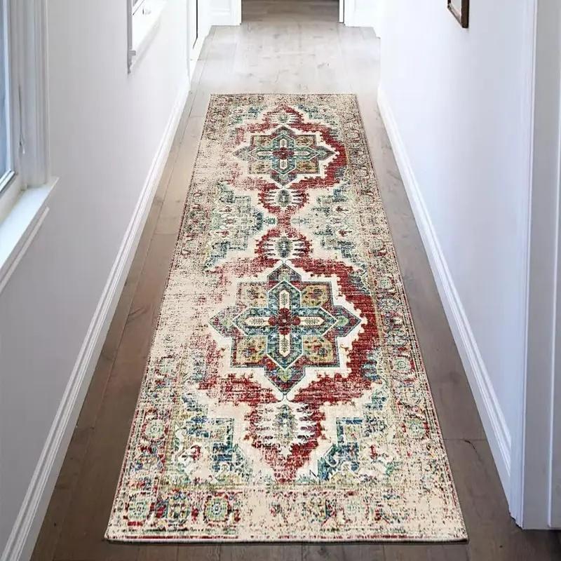 Distressed Boho Runner Area Rug Retro Medallion Design Non Slip Long Mat for Indoor Hallway Entrance Decoration