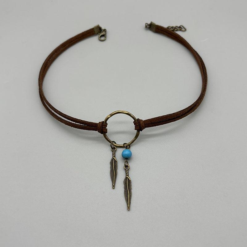 Vintage Bronze Leaf Pendant Leather Geometric Round Clavicle Choker Necklace
