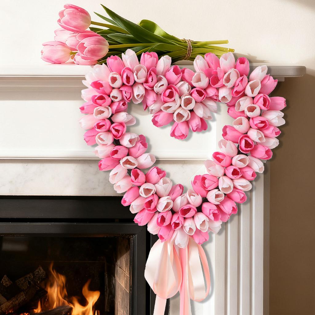 Heart Shaped Wreath Spring Summer Artificial Flowers Wreath for Festival Front Door Window Wall Decor Pink