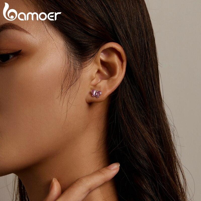 BAMOER Authentic 925 Sterling Silver Pink Butterfly Ear Studs Plated Plarinum Piercing Stud Earrings for Women Fine Jewelry Gift