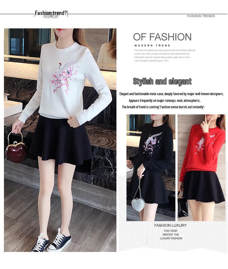 2023 Women's Autumn Embroidered Crane Knit Pullover: Slimming Long Sleeve Base Layer Top