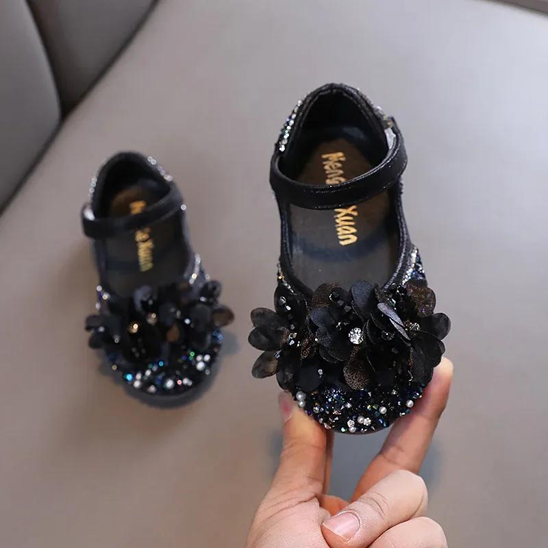 

New Girls Princess Leather Shoes Chic Shallow Children s Flats Fashion Sweet Flower Kids Ballet Performance Dress Shoes Non-slip 21 чёрный
