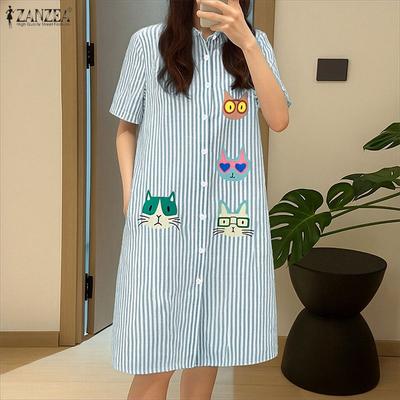 Women Turn Down Collar Casual Short Sleeve Stripe Dress