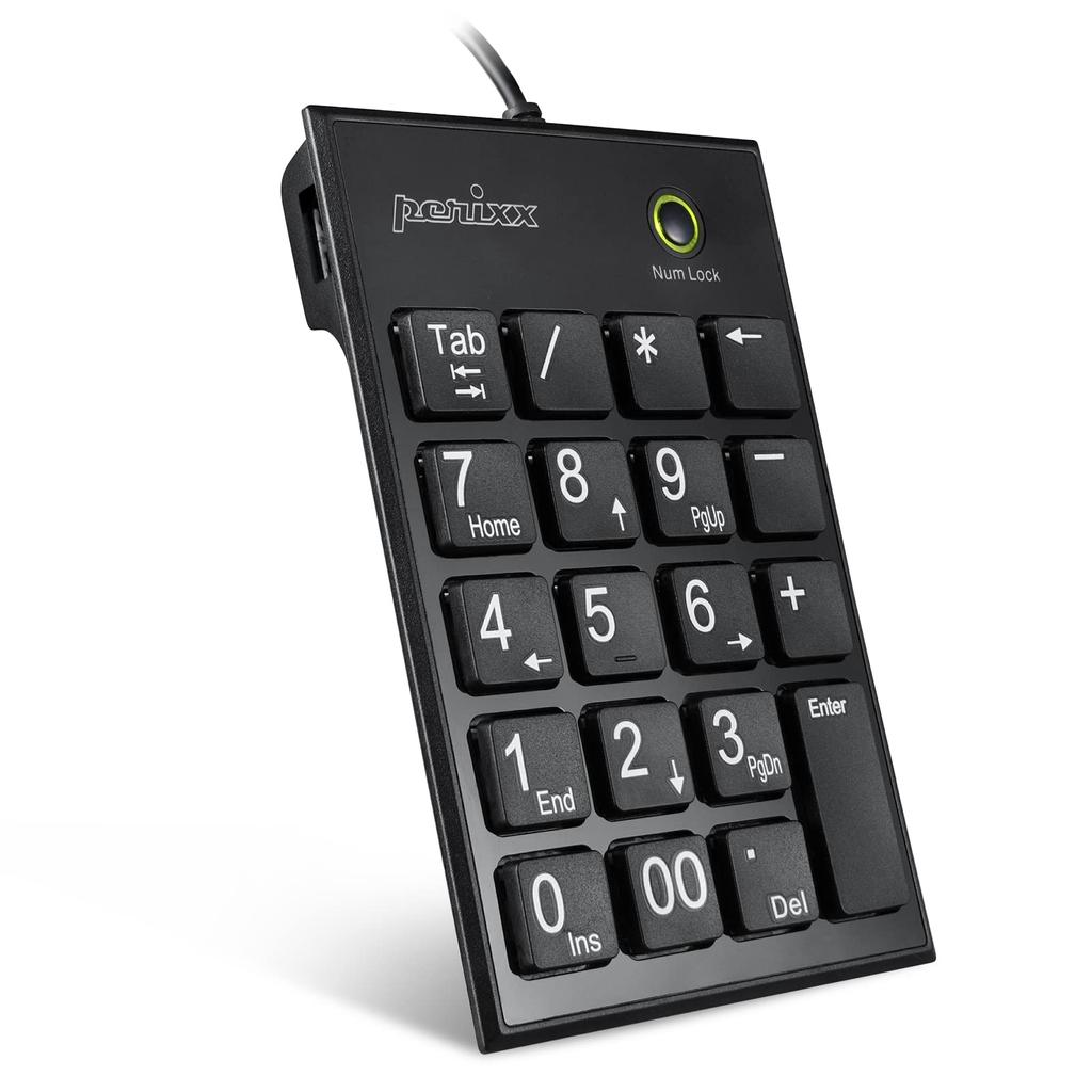 Perixx Numerisch groß 2 USB-Hubs enthalten Für diejenigen, die genügend USB-Anschlüsse haben Scherenmechanismus-Tastatur mit großer Tab-Taste und Nummernanzeige Garantie Schwarze Hubs