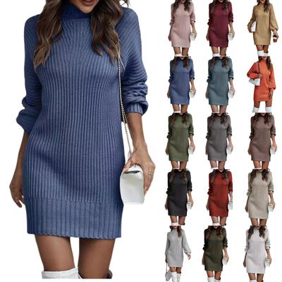 Damen Strickkleid Rollkragen Winterpullover Kleid Strickkleider Midi Einfarbig Langes Wollkleid