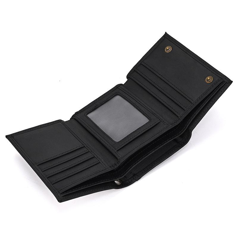 Vintage Genuine Leather Men Wallet Crazy Horse Leather Male Cowhide Trifold Card Holder Wallet with Metal Chain