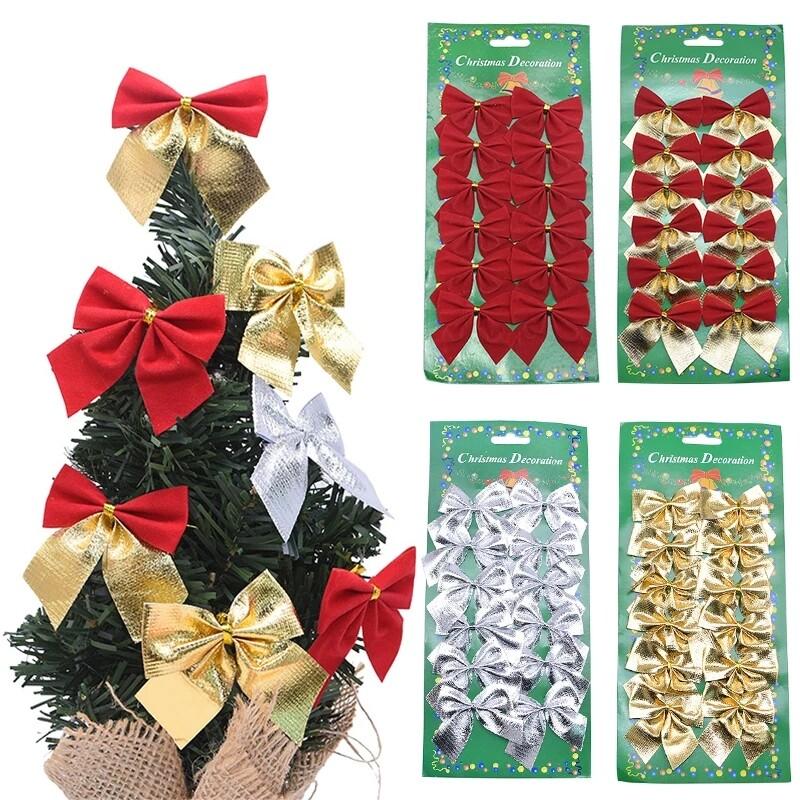 12pcs Christmas Flocking Bow Pendant Holiday Wedding Party Bow Decoration Exquisite Christmas Tree Bow Christmas Decorations