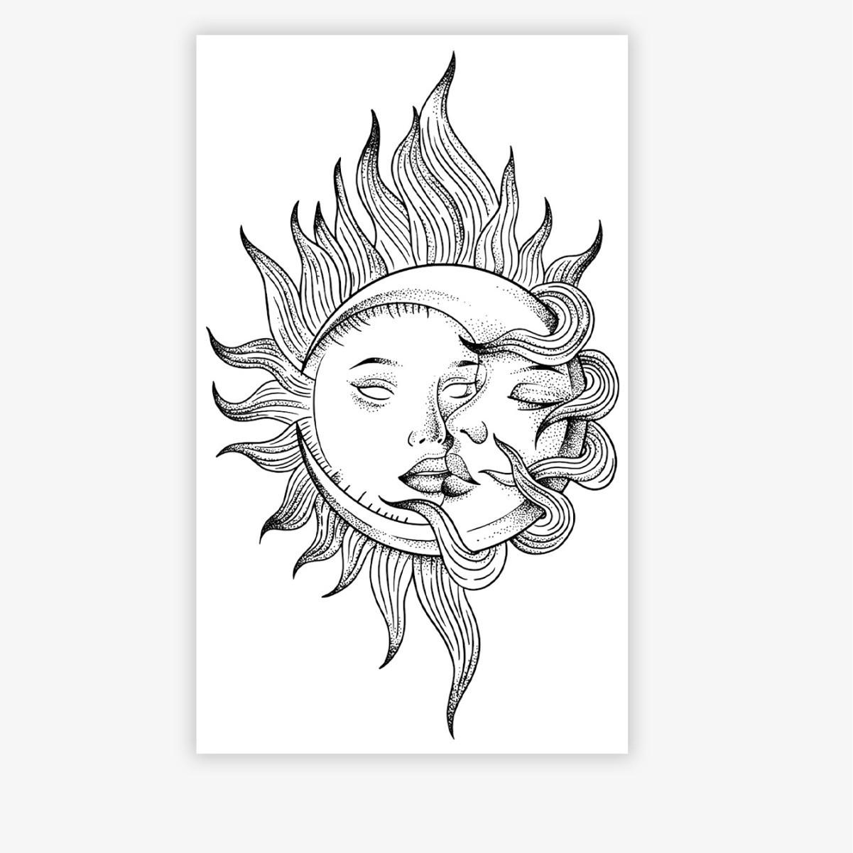 Sun And Moon Totem Tattoo Sticker, Waterproof And Long-Lasting Female, Arm Dark, Sun And Moon Artistic Tattoo 9*15CM