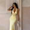 European Style 2026 Elegant Sexy Halter Pleated Hollow Backless Evening Gown Skirt