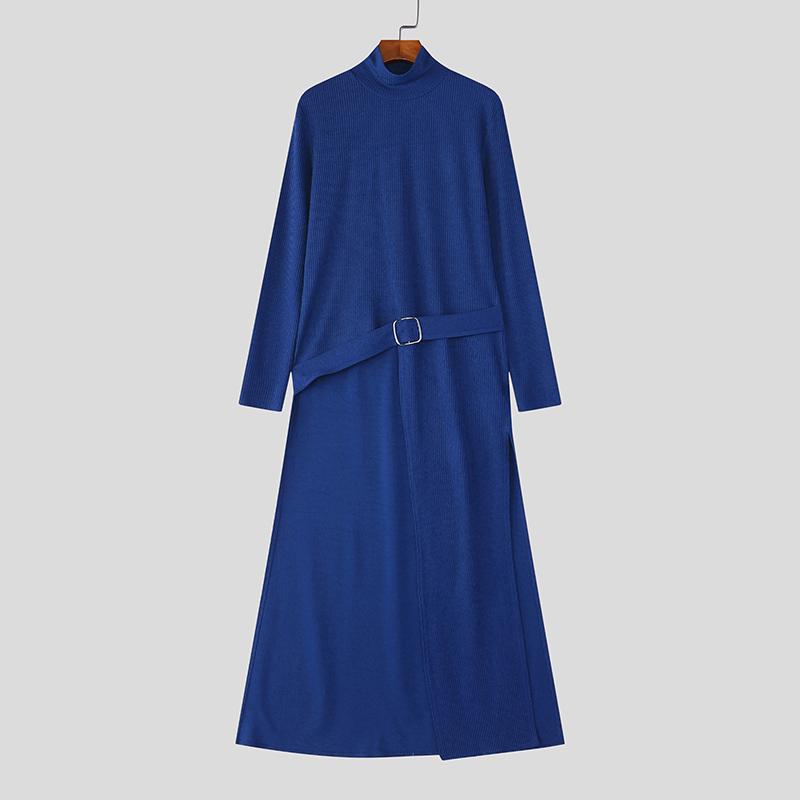 

INCERUN Мужские осенние топы с высоким воротником, длинными рукавами и разрезами, длинные туники-футболки M синий