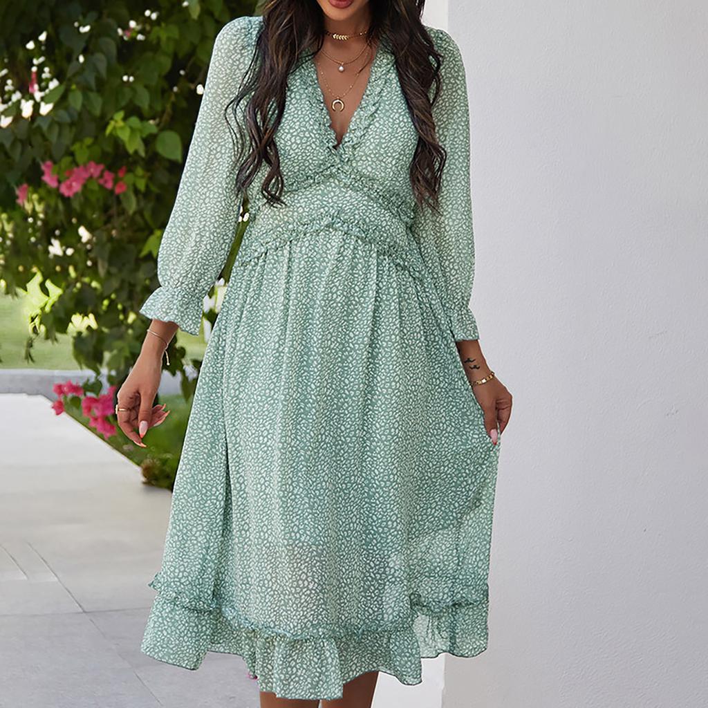 Women's Fashion Sexy Slim Casual V-Neck Chiffon Floral Dress