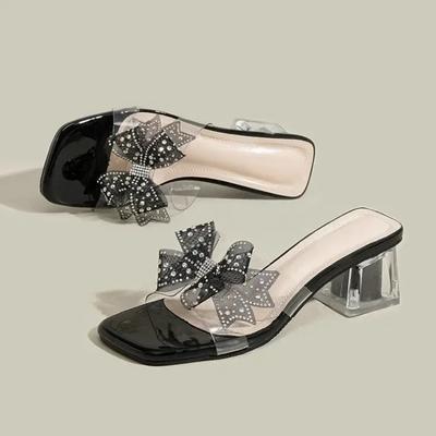 Women Slippers Fashion Square Head Designer High Heel Slippers PVC Transparent Slippers for Women Sweet Bow French Style Slipper