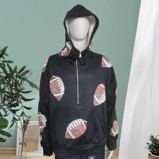 Hooded Sweatshirt for Women Half Zip Oversized Hoodies with Sequin Rugby Print Fall Casual Pullover Tops with Pockets