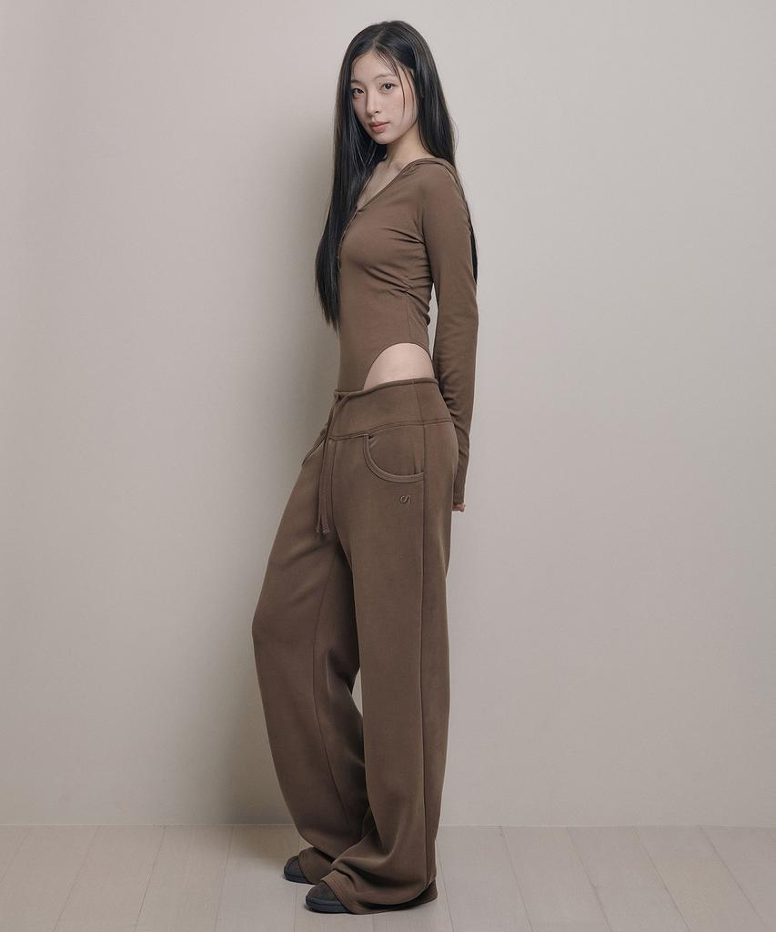 AWOSWEIB Wide Waist Straight Pants - Coffee Brown