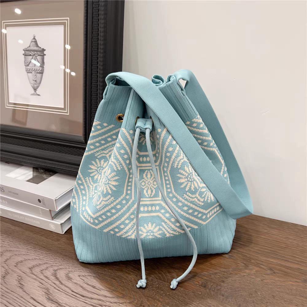 Korean Style Knit Shoulder Bag with Drawstring & Magnetic Snap - Versatile, Large Capacity Tote for Women