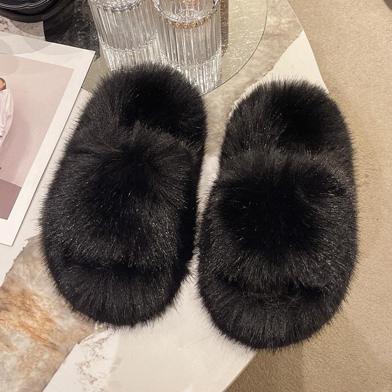 Autumn and Winter New Fluffy Slippers Women's Large Size Thick-soled Plush Women's Slippers Room + Soft-soled Household Cotton Slippers