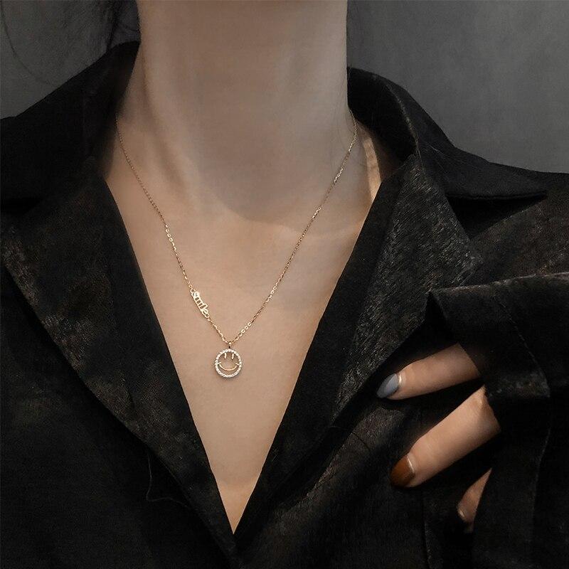 Sterling Tone Shiny Zircon Crystal Smiling Face Letter Women Pendant Pendant Necklace Clavicle Chain Necklaces Choker Birthday Souvenir