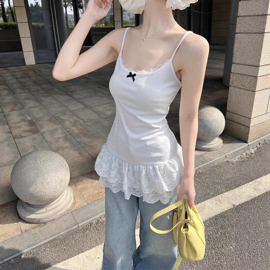 Korean version double-layer lace hem stacked sling vest women's summer outer wear ballet style bow lace edge top