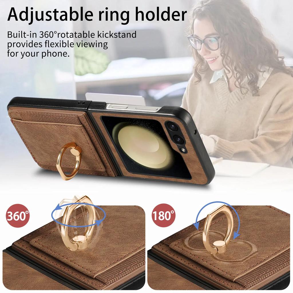 Magnetic Ring Holder Card Solt Vintage Leather Wallet Folding Case for Samsung Galaxy Z Flip 7 FE 6 5 4 5G Flip5 Bag Phone Cover