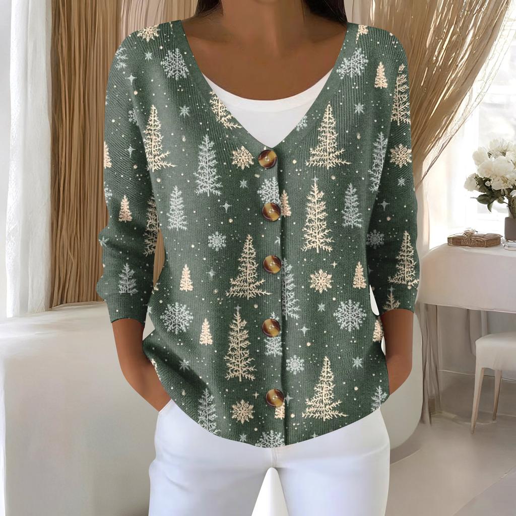 Damenmode Langarm Weihnachten Schneemann Schneeflocke Druck Jacke Strickjacke