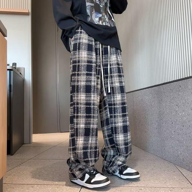 Plaid pants men's and women's spring and autumn classic retro Hong Kong style casual straight-leg pants, thin and narrow wide-leg pants