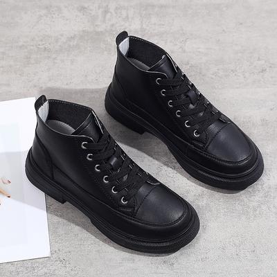 New High Top Leather Shoes Women Fashion British Style Flats Shoes Comfortable Lace Up Ankle Boots Round Toe Adult Casual Shoes