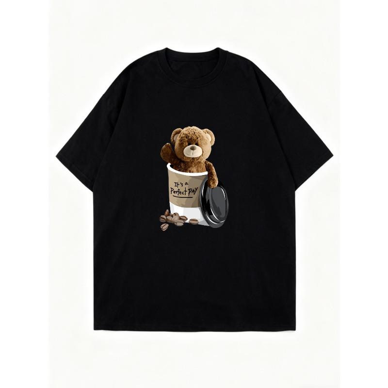 Oversized T-Shirt Black Teddy Bear In Coffee Cup Print For Casual Wear